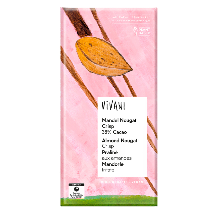 Vivani Manteli Nougat Crisp 38% LUOMU 80g ryhmässä Hyödykkeet & Juomat / Karkkia & Suklaata / Suklaapatukat @ Rawfoodshop Scandinavia AB (25094)